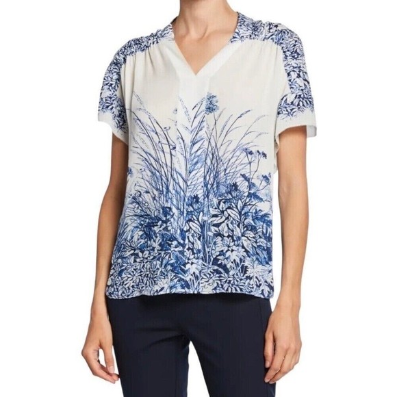 Elie Tahari Tiffany Silk Floral-Print Pearl Indigo V-Neck Short-Sleeve Blouse - Picture 1 of 15